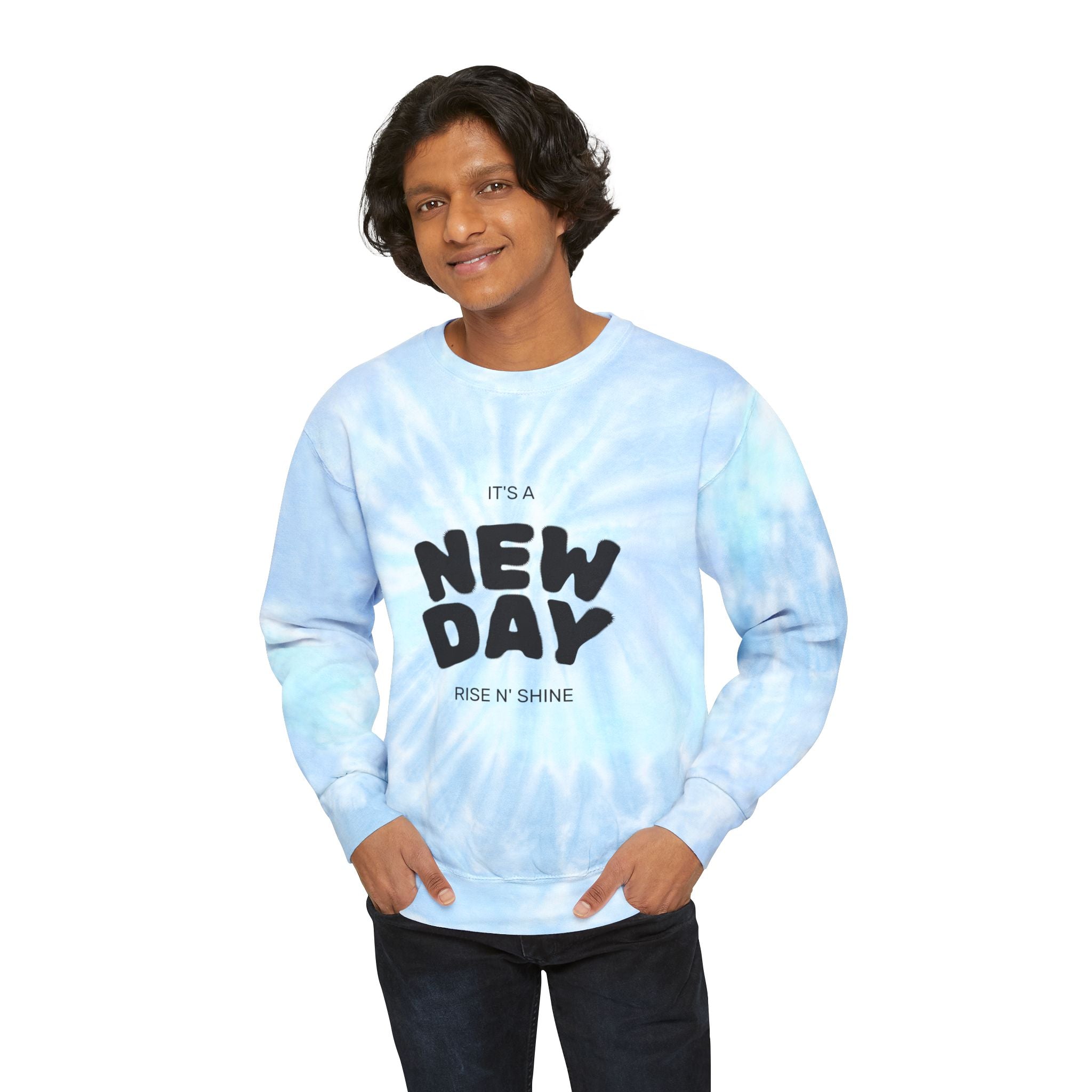 New Day Tie-Dye Sweatshirt - "It's a New Day" Light Blue Crewneck